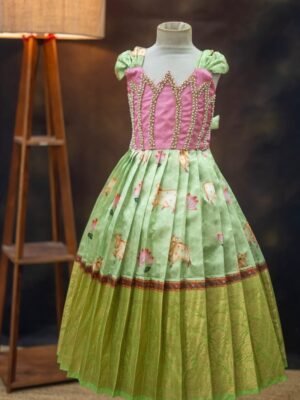 Pichwai Fabric Full Frock with Lotus Aari Work